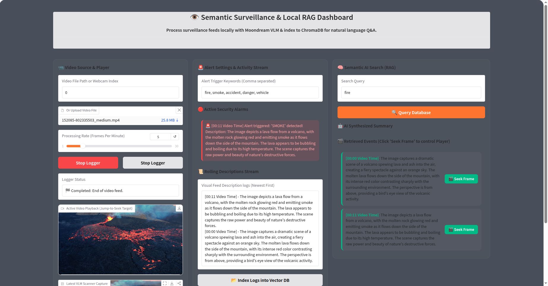 Multi-modal surveillance database logging dashboard screenshot using Moondream VLM